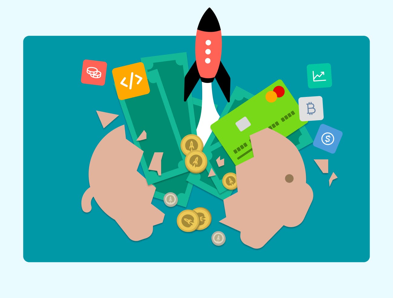 a rocket coming out of a piggy bank with bank notes and coins