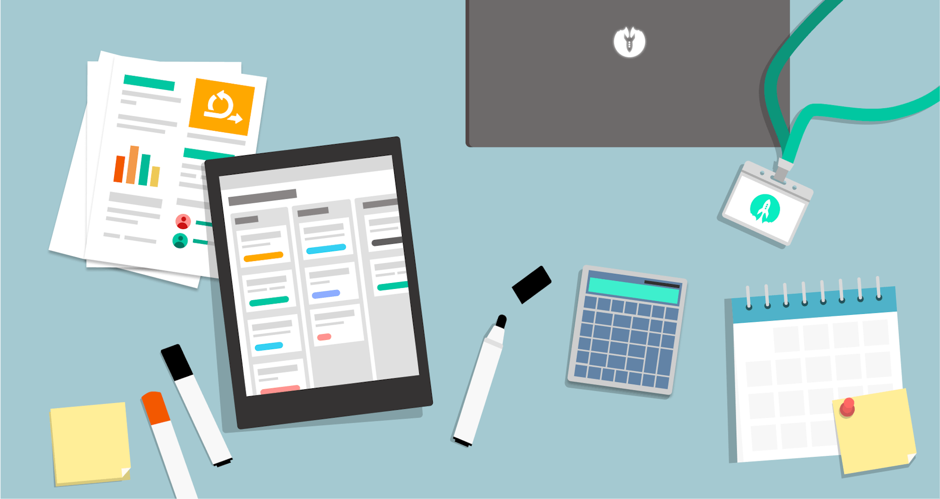 Illustration depicting items on a work desk - a laptop, a tablet, documents, pens, calculator and a calendar.