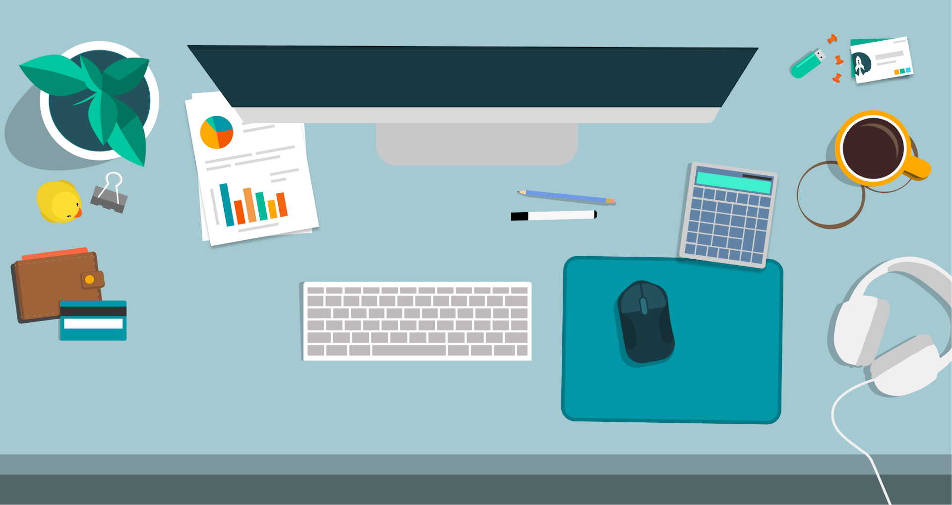 Illustration depicting items on a work desk - a computer, bank card, documents, pens, calculator and a keyboard..