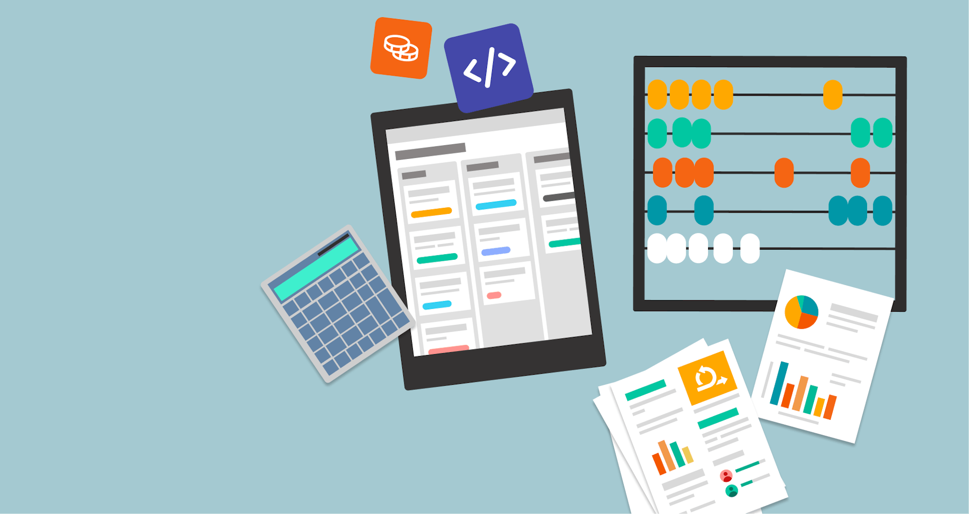 illustration depicting cost calculations - tablet, calculator, documents and an abacus.