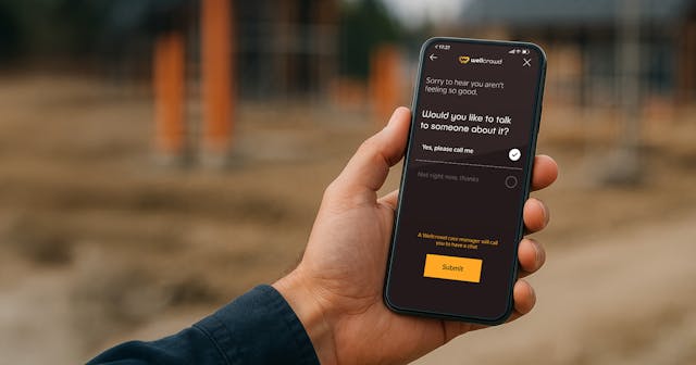 Hand holding a smartphone showing a the Wellcrowd app for workplace wellbeing on the screen