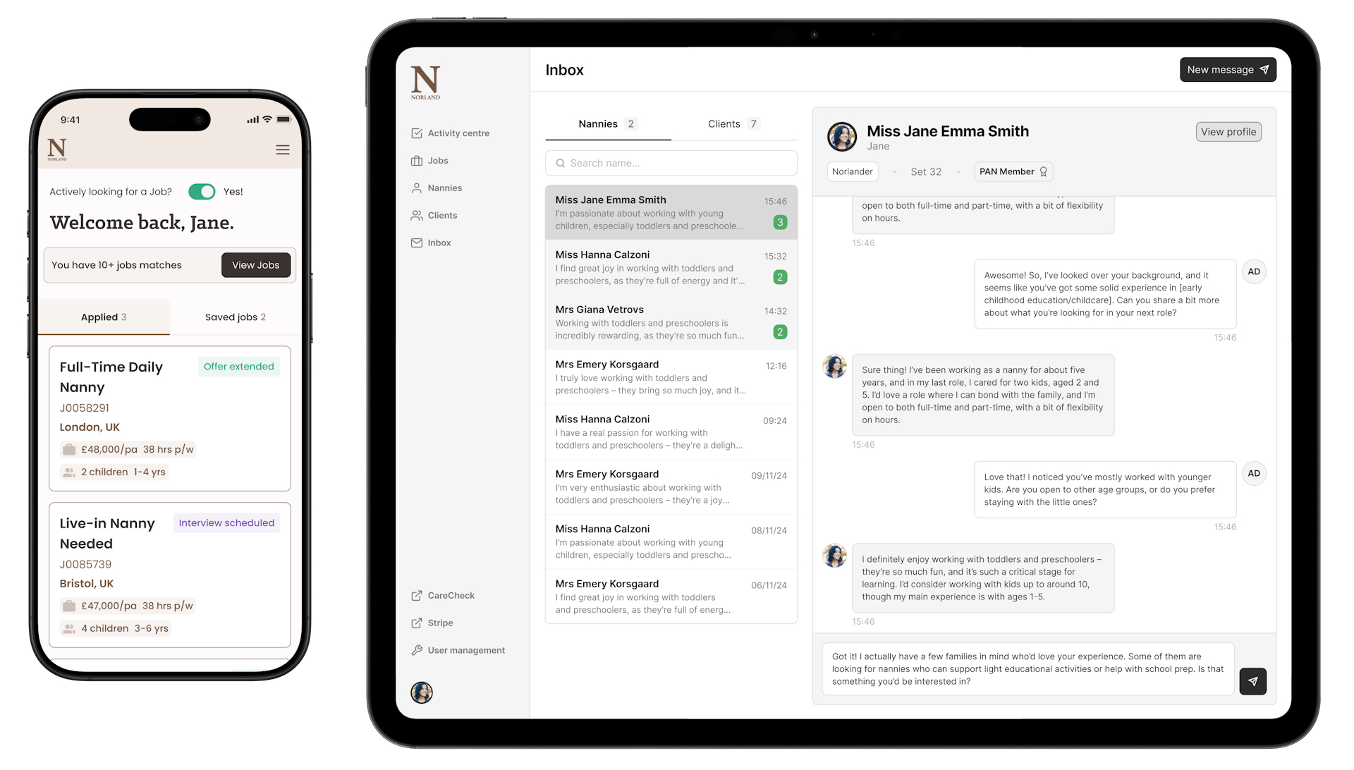 Screenshots of the nanny and admin apps