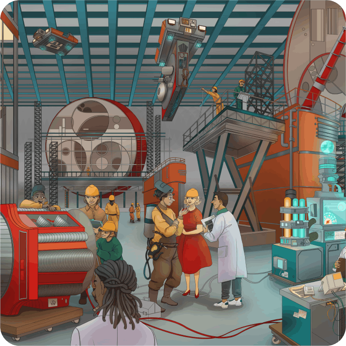 Illustration of engineers in a warehouse