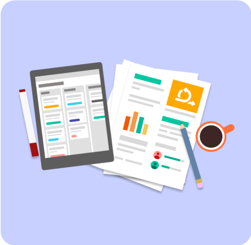 Illustration of reports on a desk next to some coffee