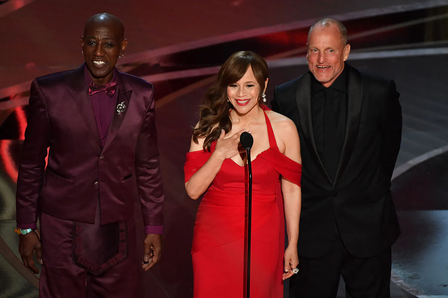 Wesley Snipes, Rosie Perez, and Woody Harrelson during the show at the 94th Academy Awards at the Dolby Theatre at Ovation Hollywood on Sunday, March 27, 2022. (Myung Chun / Los Angeles Times via Getty Images)