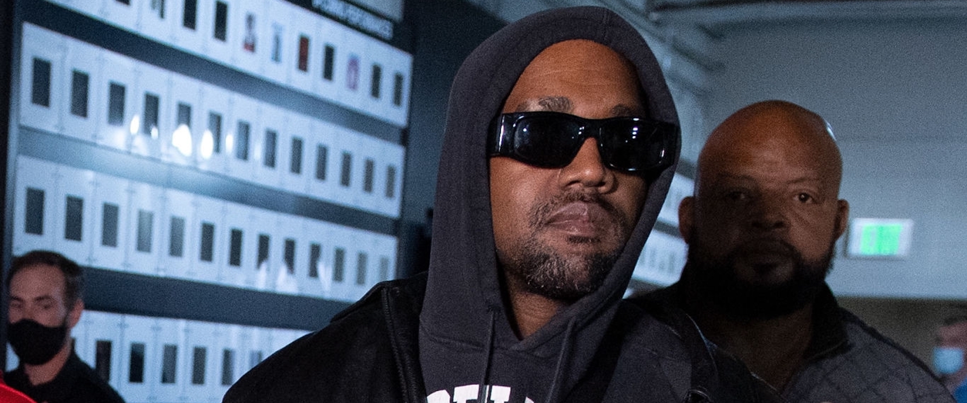 Ye arrives to the arena for the fight between Jamel Herring and Shakur Stevenson at State Farm Arena on October 23, 2021 in Atlanta, Georgia.