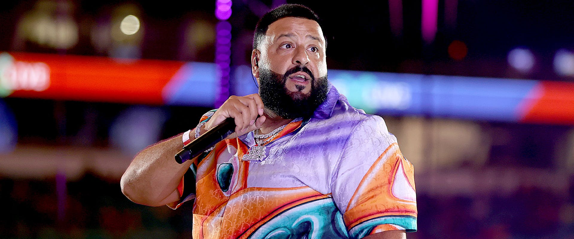 MIAMI GARDENS, FLORIDA - JUNE 12: DJ Khaled performs onstage during LivexLive's Social Gloves: Battle Of The Platforms PPV Livestream @ Hard Rock Stadium on June 12, 2021 in Miami Gardens, Florida. (Photo by Cliff Hawkins/Getty Images for LivexLive )