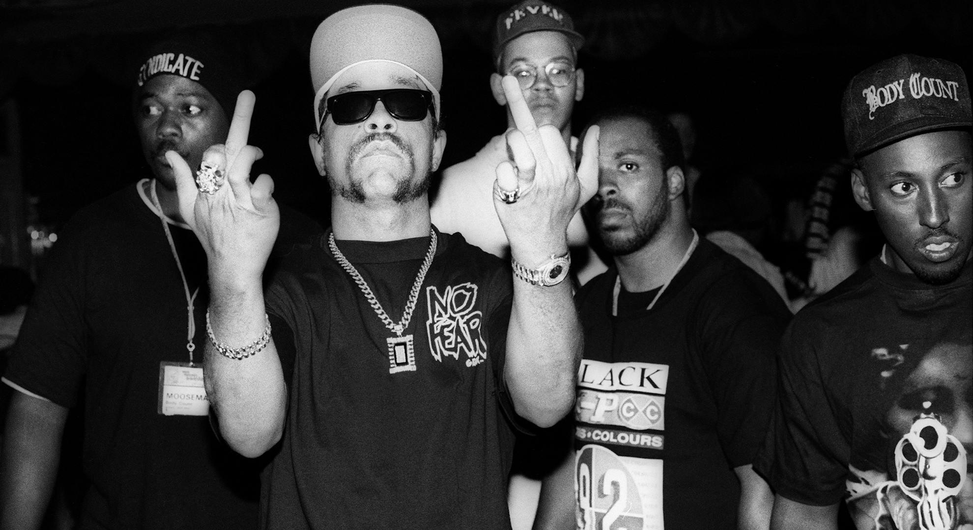 Rapper Ice-T gives a "middle finger" obscene gesture when he and Body Count watch a show at The Ritz on June 19, 1992 in New York City. 
