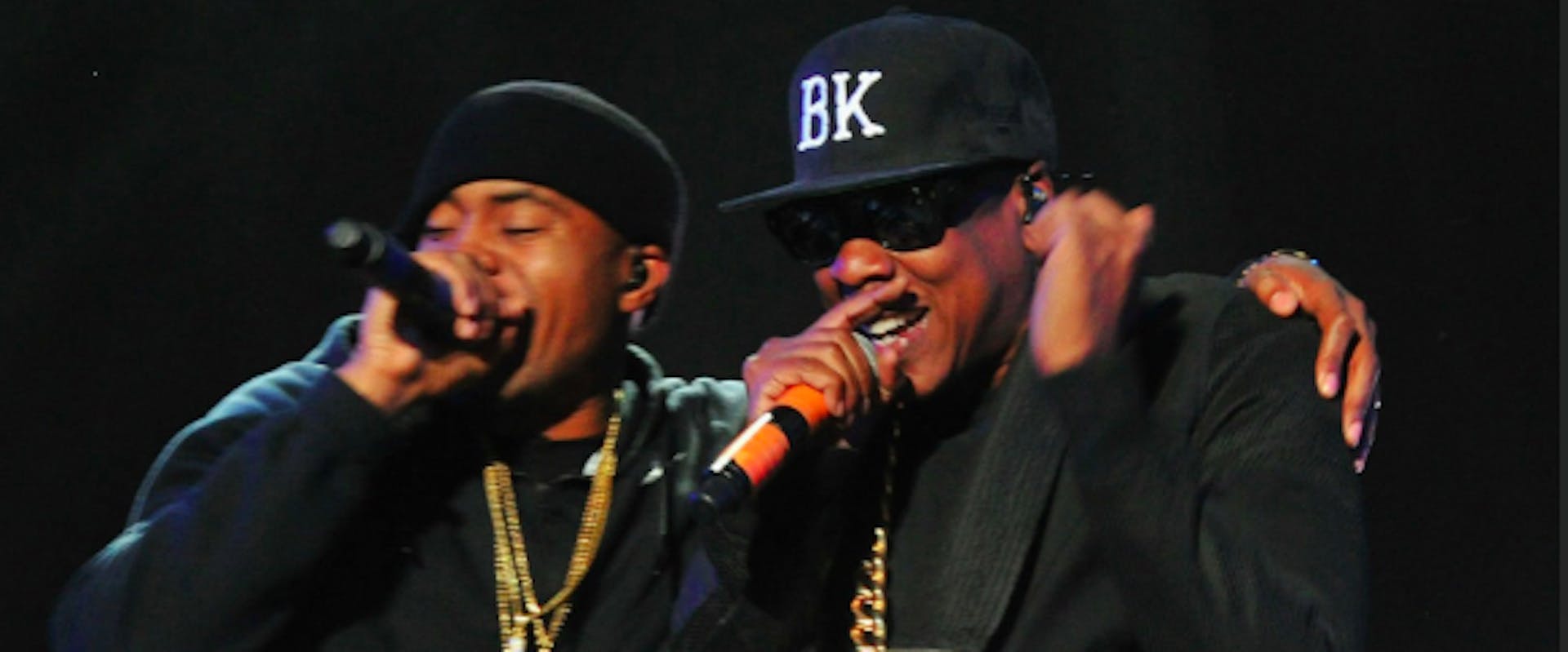 INDIO, CA - APRIL 12: Rappers Nas (L) and Jay-Z perform onstage during day 2 of the 2014 Coachella Valley Music & Arts Festival at the Empire Polo Club on April 12, 2014 in Indio, California. 