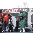 Rapper Flavor Flav, director Spike Lee and Chuck D of the rap group Public Enemy film a video for their song 'Fight The Power' directed by Spike Lee in 1989 in New York, New York. 