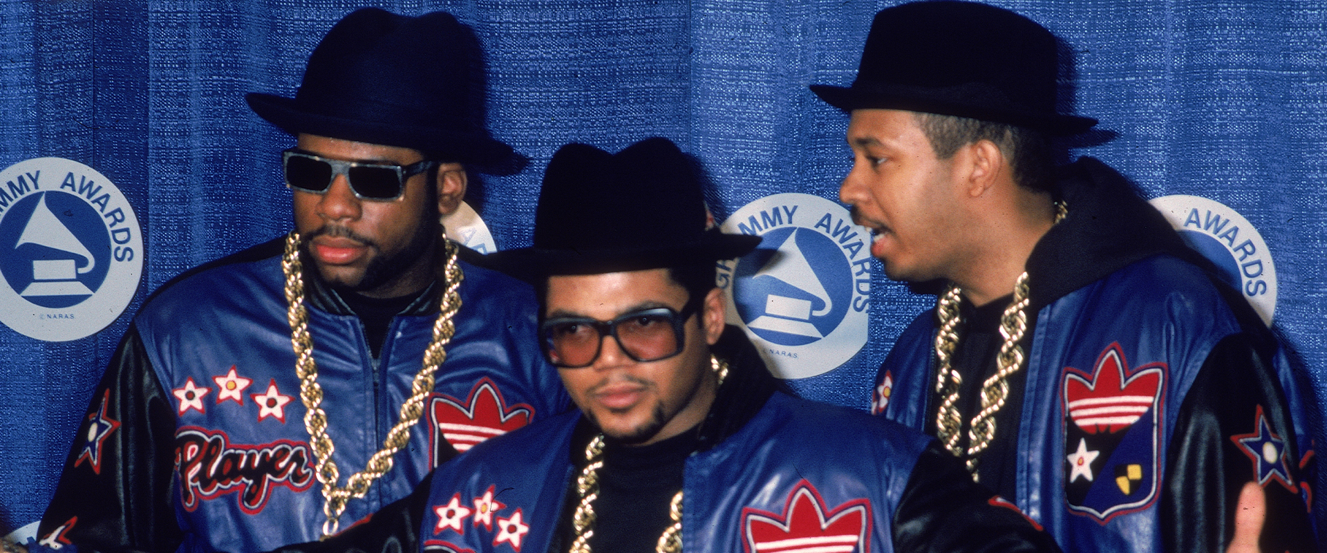 Run-DMC backstage at the Grammy Awards, New York, New York, March 2, 1987. Left to right, Joe Simmons (Run) Jason Mizell (Jam Master Jay) (1965 - 2002), and Darryl McDaniels (DMC). (Photo by Hulton Archive/Getty Images)