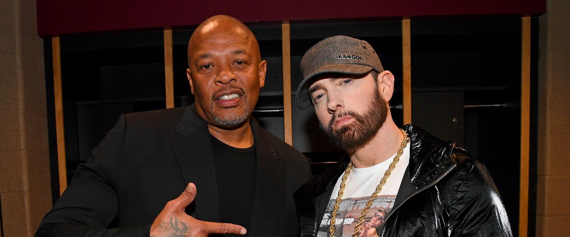 Dr. Dre and Eminem pose backstage during the 36th Annual Rock & Roll Hall Of Fame Induction Ceremony at Rocket Mortgage Fieldhouse on October 30, 2021 in Cleveland, Ohio. 