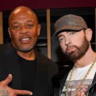 Dr. Dre and Eminem pose backstage during the 36th Annual Rock & Roll Hall Of Fame Induction Ceremony at Rocket Mortgage Fieldhouse on October 30, 2021 in Cleveland, Ohio. 