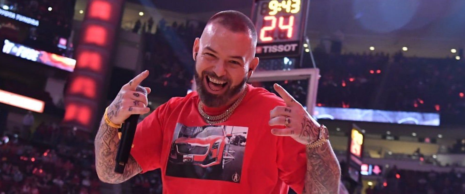 Paul Wall gets introduced prior to a game between the Houston Rockets and the Oklahoma City Thunder on October 22, 2021 at the Toyota Center in Houston, Texas.