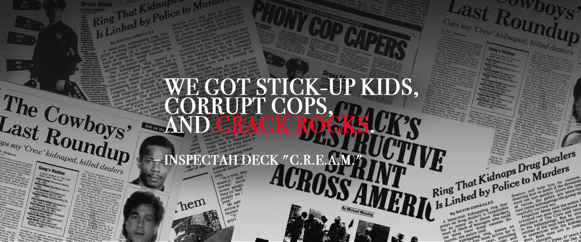 a collage of men and newspapers describing the cowboys and the crew who robbed drug dealers