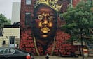 A mural of The Notorious BIG on Bedford Ave and Quincy Street by Artists Scoot Zimmerman and Maoufal Alaoui.