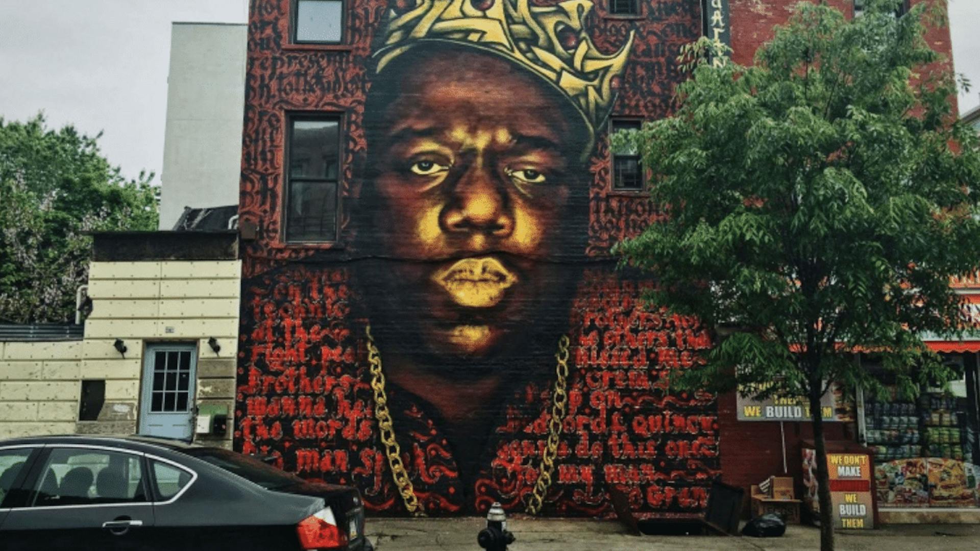 A mural of The Notorious BIG on Bedford Ave and Quincy Street by Artists Scoot Zimmerman and Maoufal Alaoui.