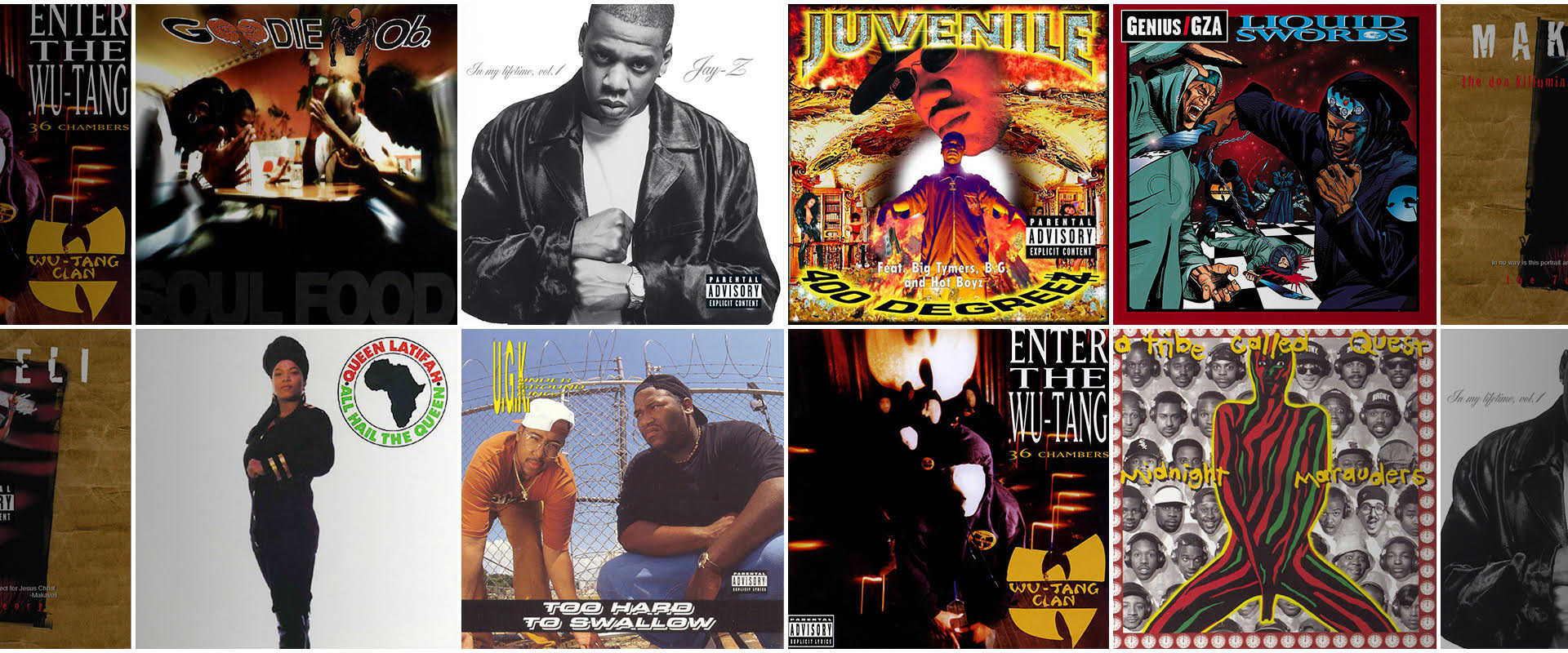 A collage of albums: Enter the 36 Chambers, In My Lifetime Volume 1, 400 Degrees, Too Hard to Shallow, Makiaveli