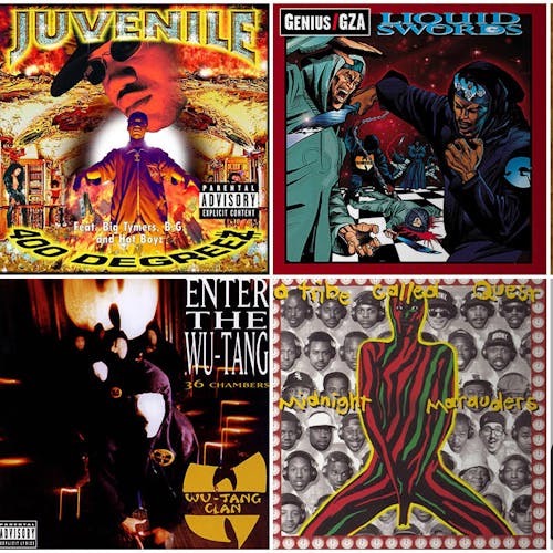 A collage of albums: Enter the 36 Chambers, In My Lifetime Volume 1, 400 Degrees, Too Hard to Shallow, Makiaveli