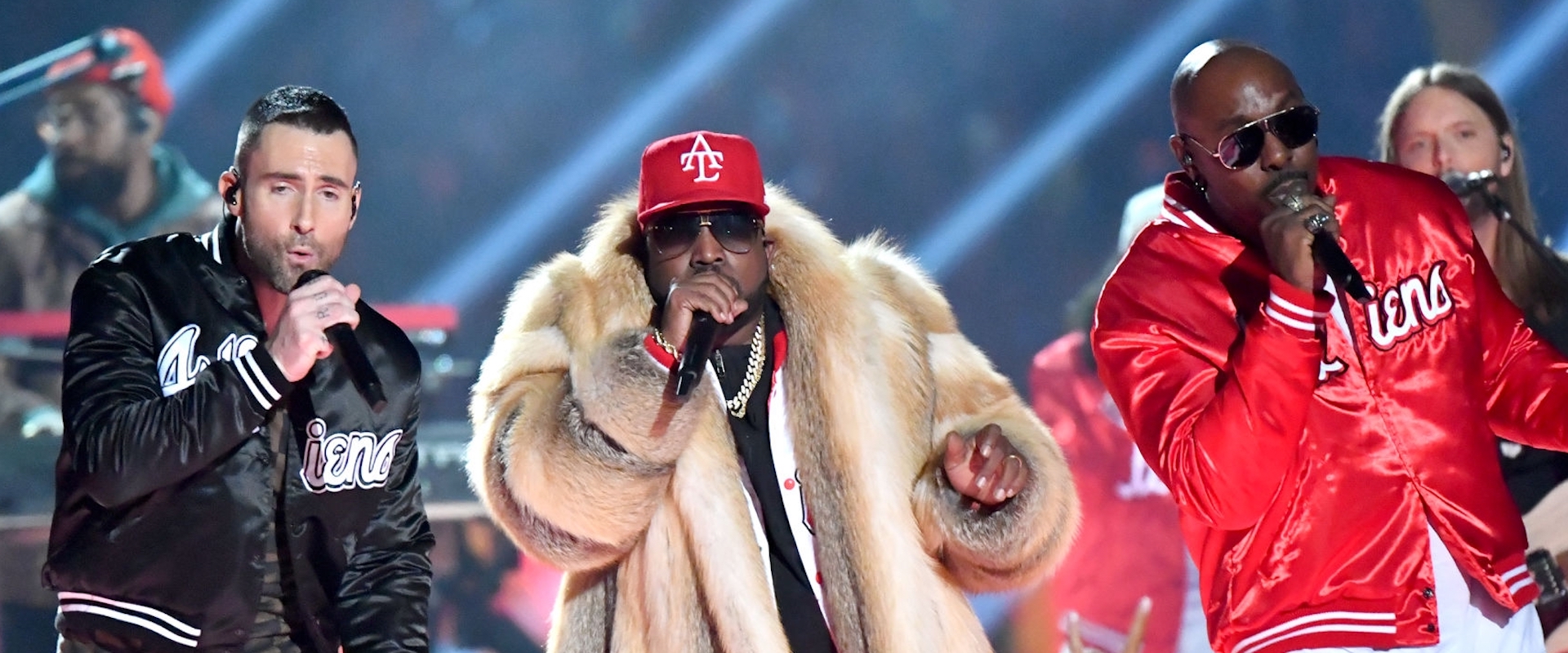 Adam Levine of Maroon 5, Big Boi and Sleepy Brown perform during the Pepsi Super Bowl LIII Halftime Show at Mercedes-Benz Stadium on February 3, 2019 in Atlanta, Georgia. 