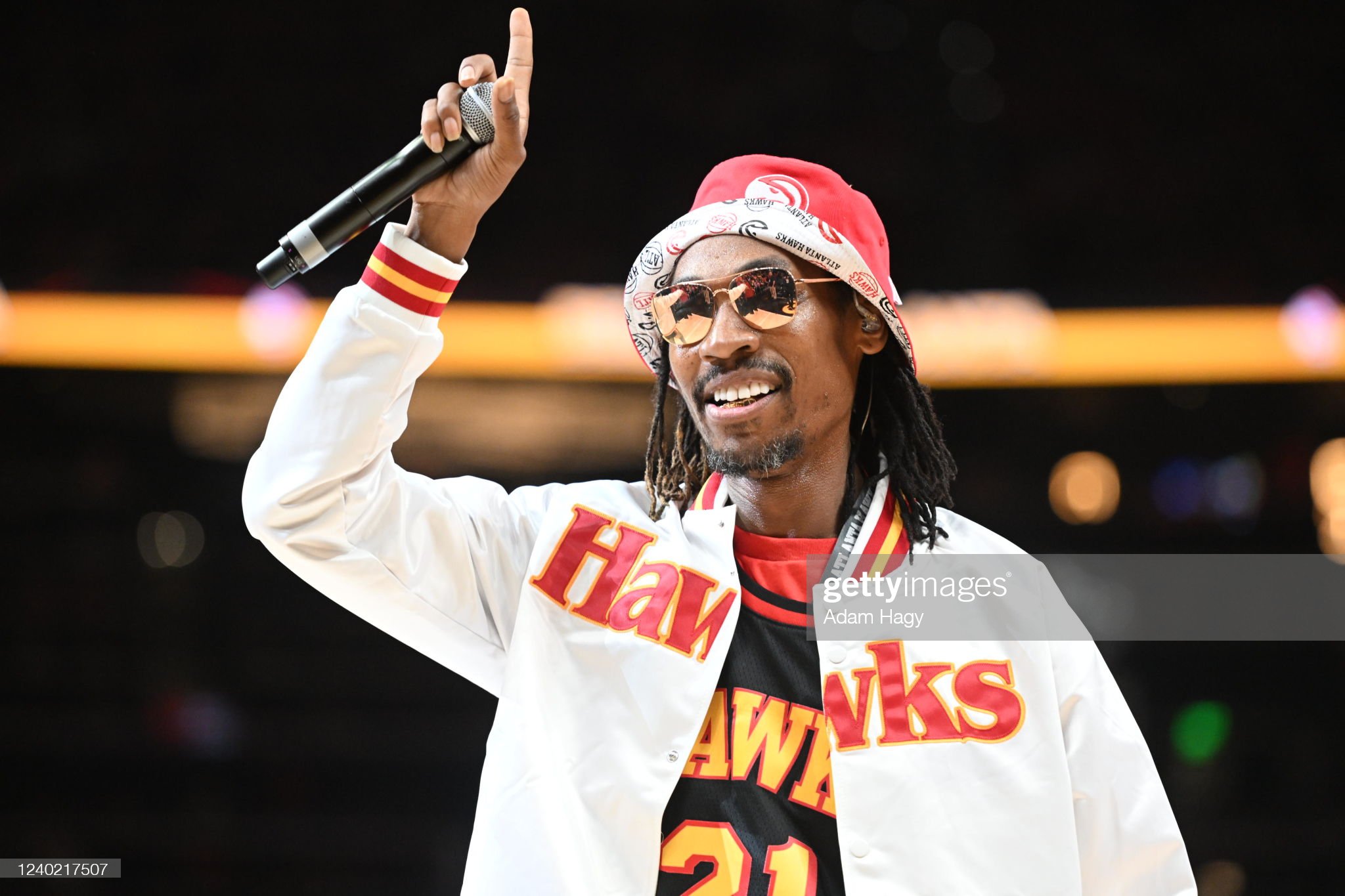 D-Roc of the Ying Yang Twins performs during Round 1 Game 4 of the 2022 NBA Playoffs on April 24, 2022 at State Farm Arena in Atlanta, Georgia. NOTE TO USER: User expressly acknowledges and agrees that, by downloading and/or using this Photograph, user is consenting to the terms and conditions of the Getty Images License Agreement. Mandatory Copyright Notice: Copyright 2022 NBAE (Photo by Adam Hagy/NBAE via Getty Images)