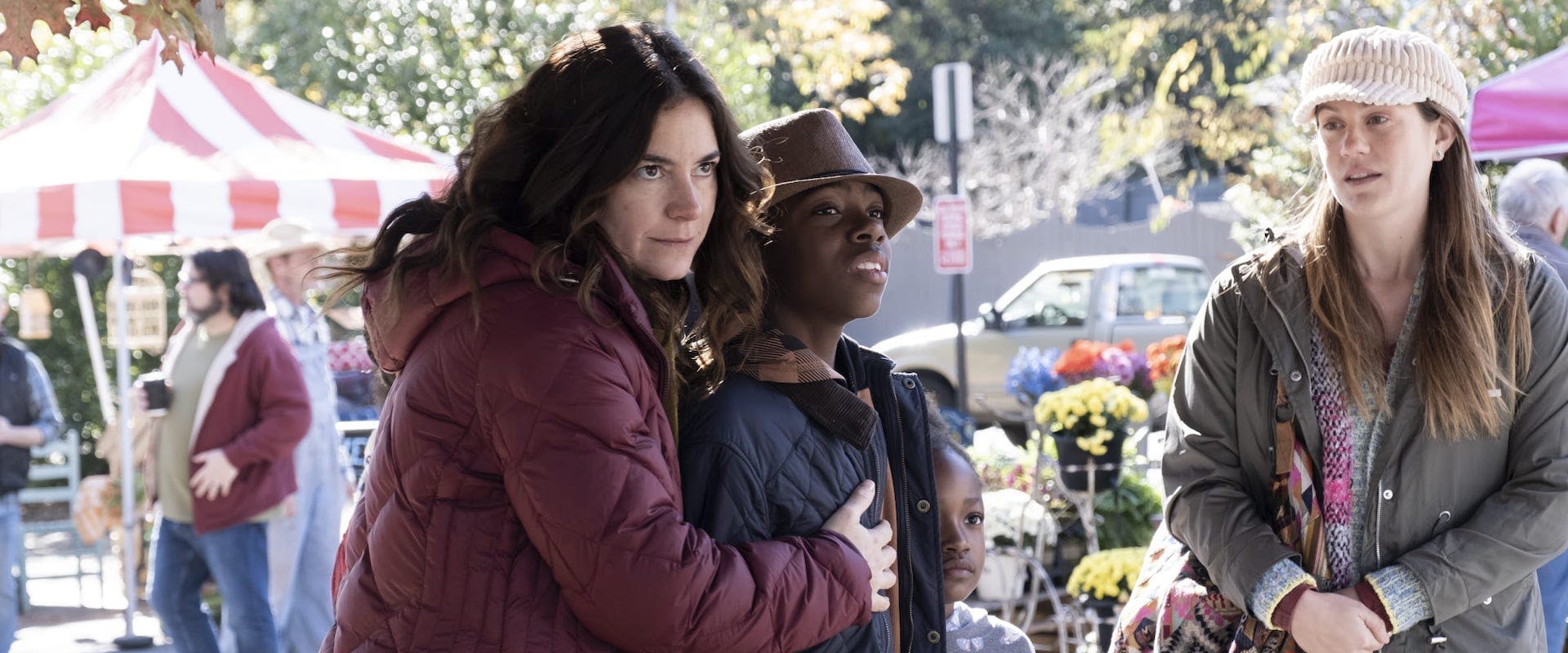 ATLANTA actors (L-R) JAMIE NEUMANN, CHRISTOPHER FARRAR and LAURA DREYFUSS in Season Three, Episode One