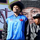 Darryl McDaniels and Joseph 'Run' Simmons of the Hip Hop group "Run DMC" are seen at a photoshoot for Adidas in front of a Jam Master Jay mural by Kenya D. Lawton in Hollis Avenue, Queens. on October 05, 2020 in New York City. (Photo by Jose Perez/Bauer-Griffin/GC Images)
