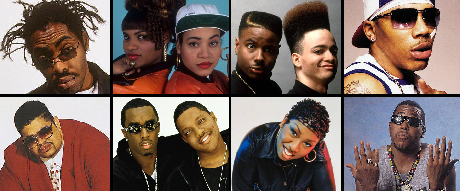 (L-R, clockwise) COOLIO, SALT-N-PEPA, KID N PLAY, NELLY, HEAVY D, PUFFY & MASE, MISSY, TONE LOC