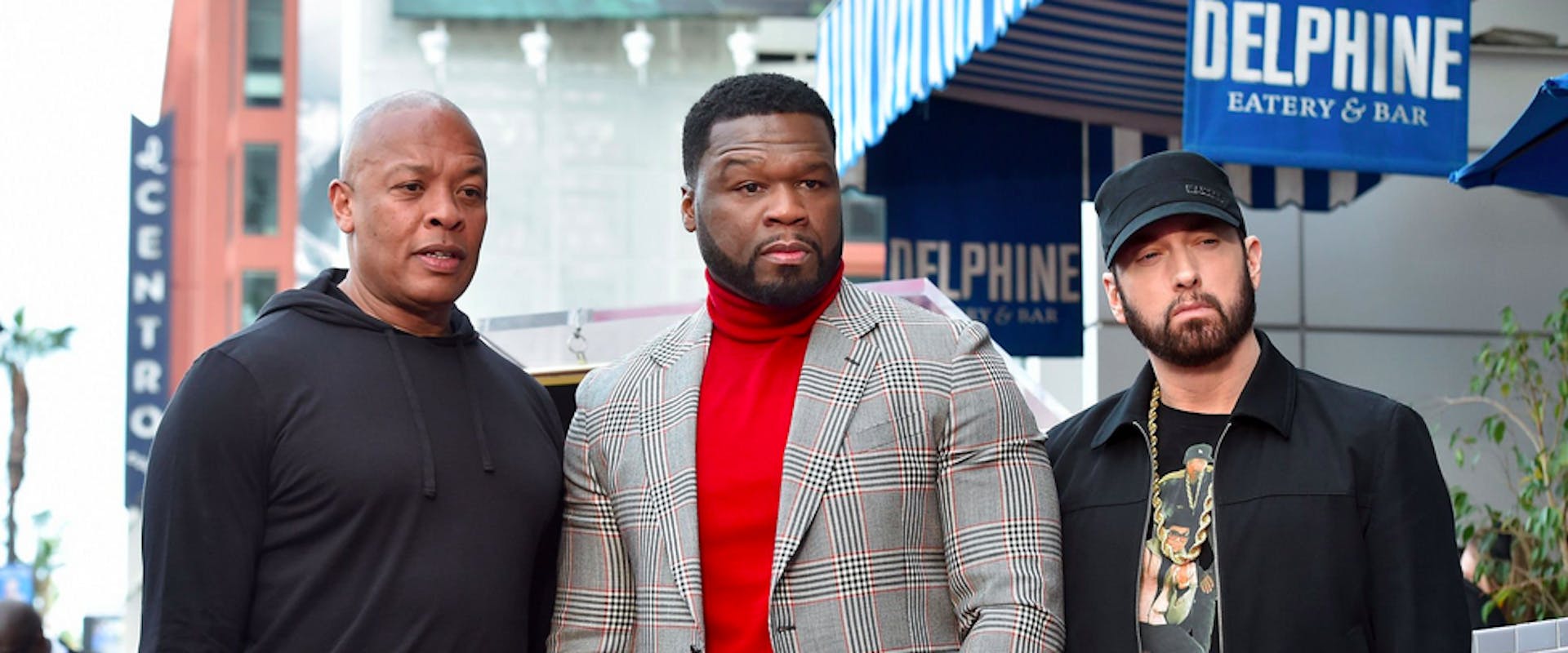 HOLLYWOOD, CALIFORNIA - JANUARY 30: (L-R) Dr. Dre, Curtis "50 Cent" Jackson and Eminem attend the ceremony honoring Curtis "50 Cent" with a Star on the Hollywood Walk of Fame on January 30, 2020 in Hollywood, California