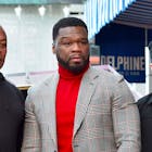 HOLLYWOOD, CALIFORNIA - JANUARY 30: (L-R) Dr. Dre, Curtis "50 Cent" Jackson and Eminem attend the ceremony honoring Curtis "50 Cent" with a Star on the Hollywood Walk of Fame on January 30, 2020 in Hollywood, California