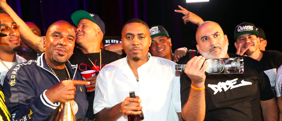 NEW YORK, NY - JULY 19: (L-R) N.O.R.E., Nas, and DJ EFN film an episode of Drink Champs during Nas' "The Lost Tapes 2" release party on July 19, 2019 in New York City. (Photo by Johnny Nunez/WireImage)