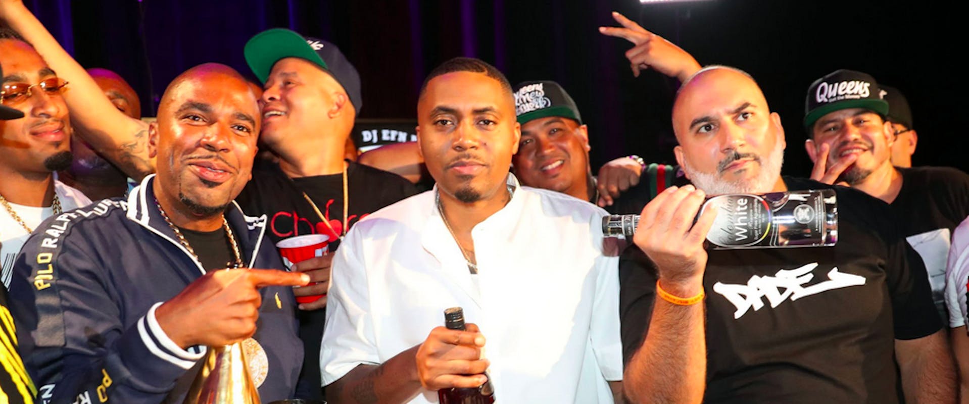 NEW YORK, NY - JULY 19: (L-R) N.O.R.E., Nas, and DJ EFN film an episode of Drink Champs during Nas' "The Lost Tapes 2" release party on July 19, 2019 in New York City. (Photo by Johnny Nunez/WireImage)