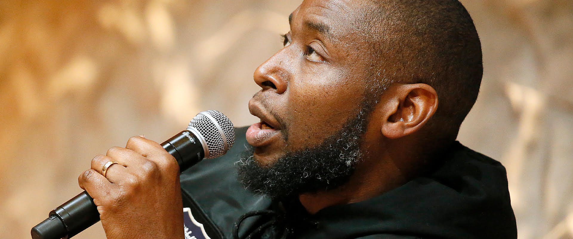 WASHINGTON, DC - MARCH 02: Record Producer, Record Executive, Lecturer, and Rapper 9th Wonder speaks during a panel discussion at The Recording Academy Washington DC Chapter's Intersection of Music & Sports event at the Kennedy Center on March 02, 2020 in Washington, DC.