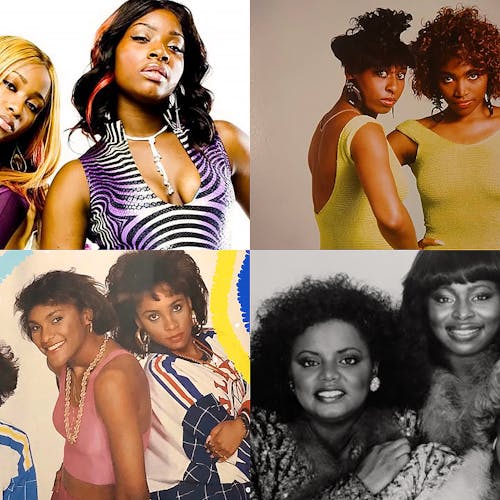 Collage of rap girl groups; including The Sequence, Diamond & Princess of Crime Mob, Oaktown's 357 and J.J. Fad