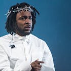 GLASTONBURY, ENGLAND - JUNE 26: Kendrick Lamar performs on the Pyramid stage during day five of Glastonbury Festival at Worthy Farm, Pilton on June 26, 2022 in Glastonbury, England. (Photo by Joseph Okpako/WireImage)