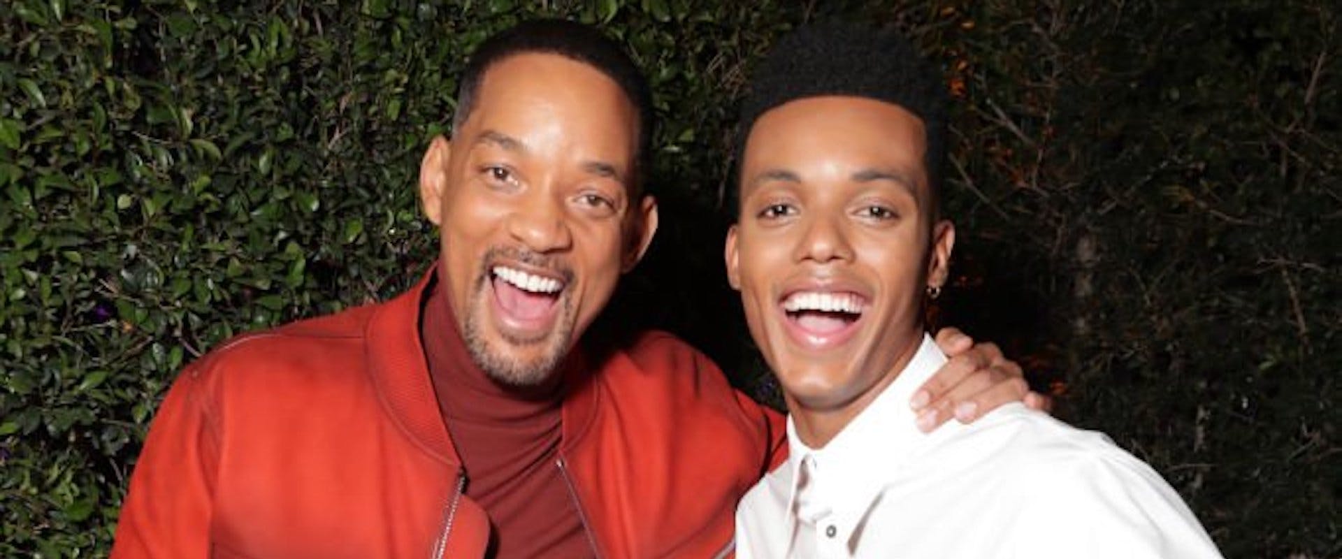 Will Smith and Jabari Banks attend Peacock's new series "BEL-AIR" premiere party and drive-thru screening experience at Barker Hangar on February 09, 2022 in Santa Monica, California.