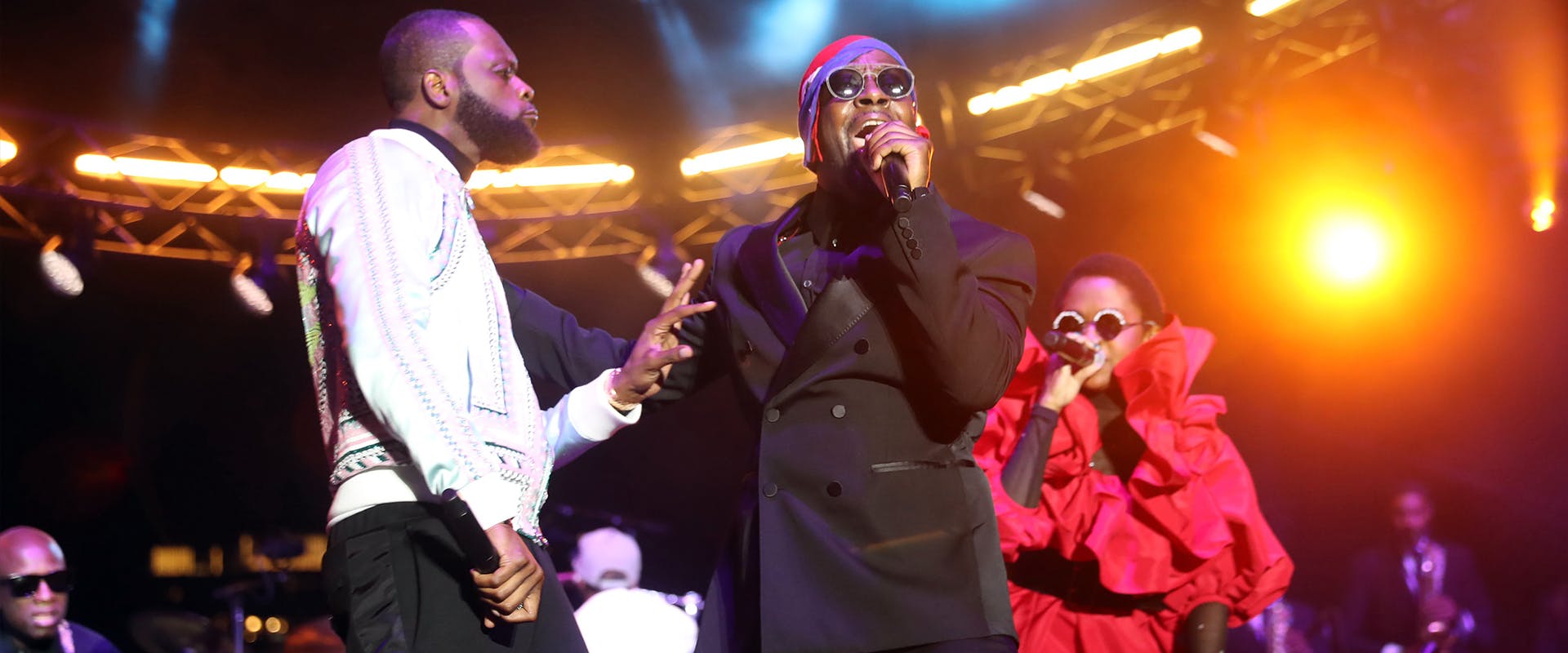 Pras, Wyclef Jean and Lauryn Hill of The Fugees perform at Global Citizen Live at Pier 17 on September 22, 2021 in New York City.