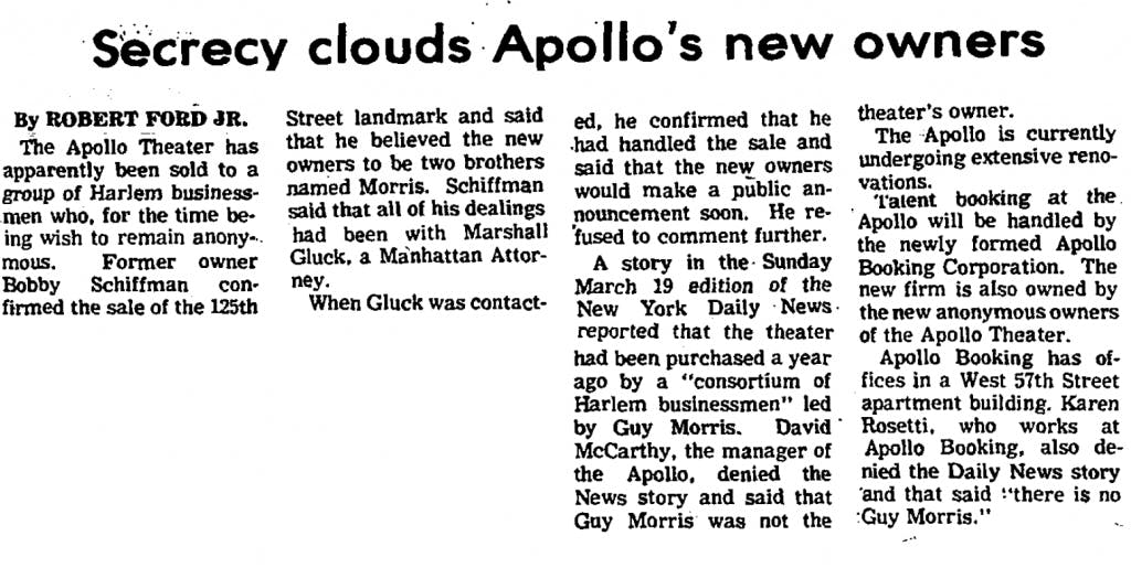 An article in the New York Amsterdam about the purchase of the Apollo Theater
