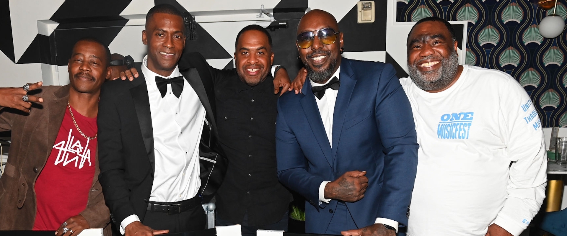 (L-R) Ray Murray, Rico Wade, Jason Carter, Sleepy Brown, and Moetown Lee attend 2021 ONE MusicFest Honors Dinner at Breakfast At Barney's on October 08, 2021 in Atlanta, Georgia. (Photo by Paras Griffin/Getty Images)