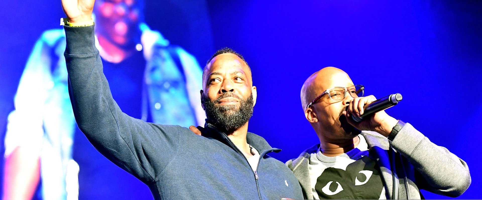 The D.O.C. (L) and Warren G (R) perform onstage at The Forum on April 21, 2018 in Inglewood, California. (Photo by Scott Dudelson/Getty Images)