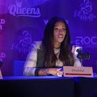 (L-R) Valeria (Nadine Valezquez), Brianna (Eve Cooper), and Naomi (Brandy Norwood) field questions during a press conference in a scene from QUEENS 