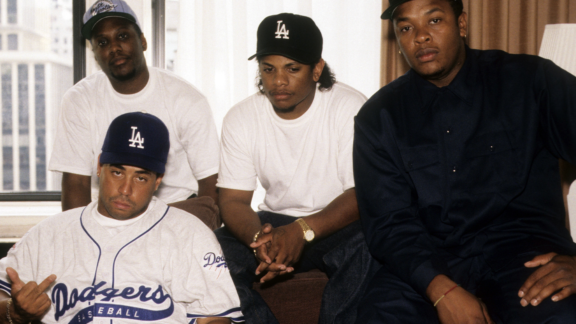 MC Ren, DJ Yella, Eazy-E and Dr. Dre of the rap group NWA pose for a portrait in 1991 in New York, New York. 