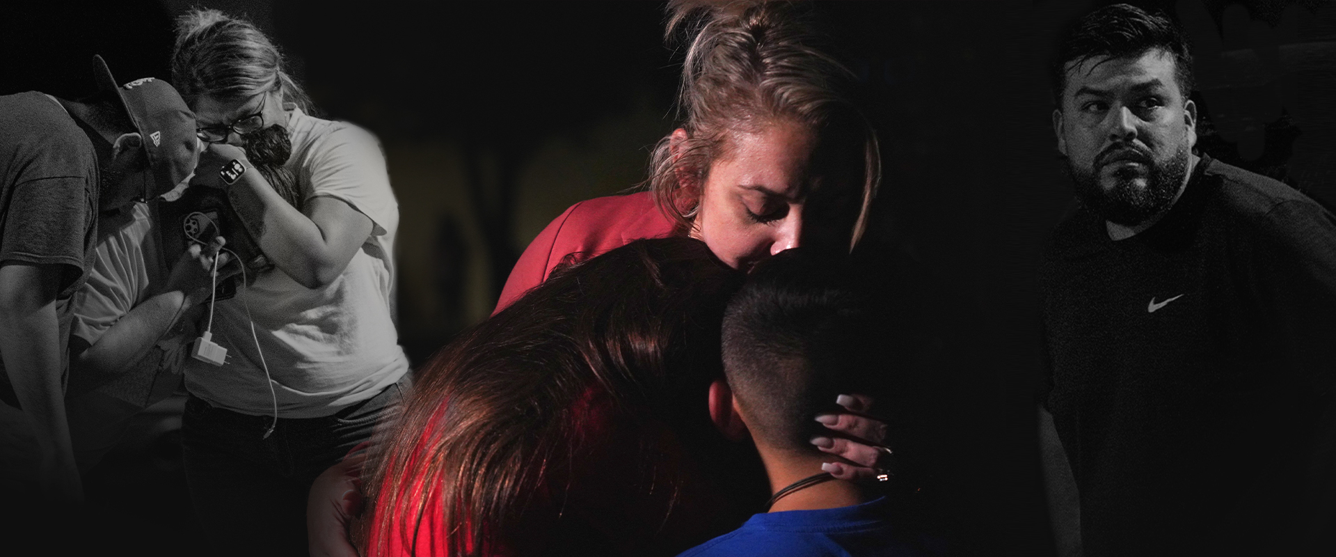Families hug outside the Willie de Leon Civic Center where grief counseling will be offered in Uvalde, Texas, on May 24, 2022. - A teenage gunman killed 18 young children in a shooting at an elementary school in Texas on Tuesday, in the deadliest US school shooting in years. The attack in Uvalde, Texas -- a small community about an hour from the Mexican border -- is the latest in a spree of deadly shootings in America, where horror at the cycle of gun violence has failed to spur action to end it. (Photo by allison dinner / AFP) (Photo by ALLISON DINNER/AFP via Getty Images)