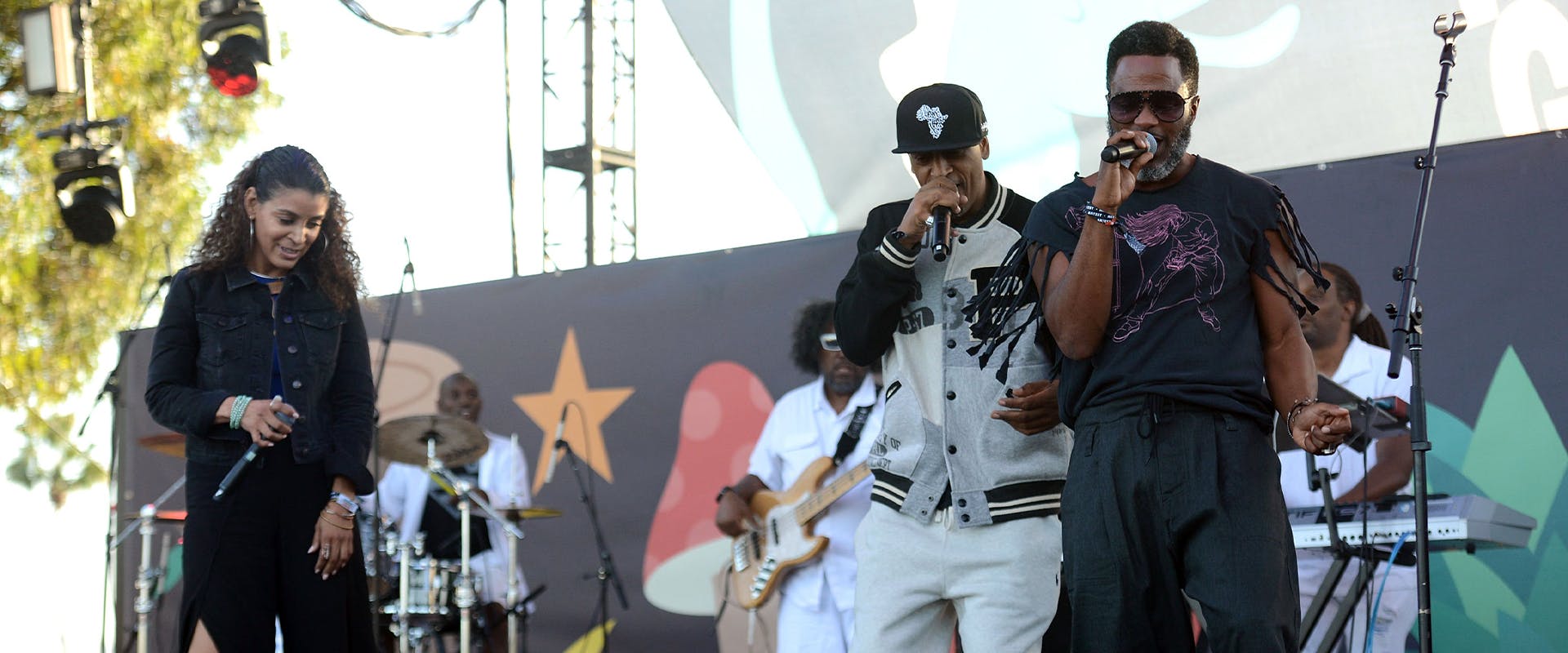 (L-R) Rappers Mary Ann "Lady Bug Mecca" Vieira, Craig "Doodlebug" Irving and Ishmael "Butterfly" Butler of Digable Planets perform onstage during the 2nd annual Music Tastes Good Festival at Marina Green Park on October 1, 2017 in Long Beach, California. (Photo by Scott Dudelson/WireImage)