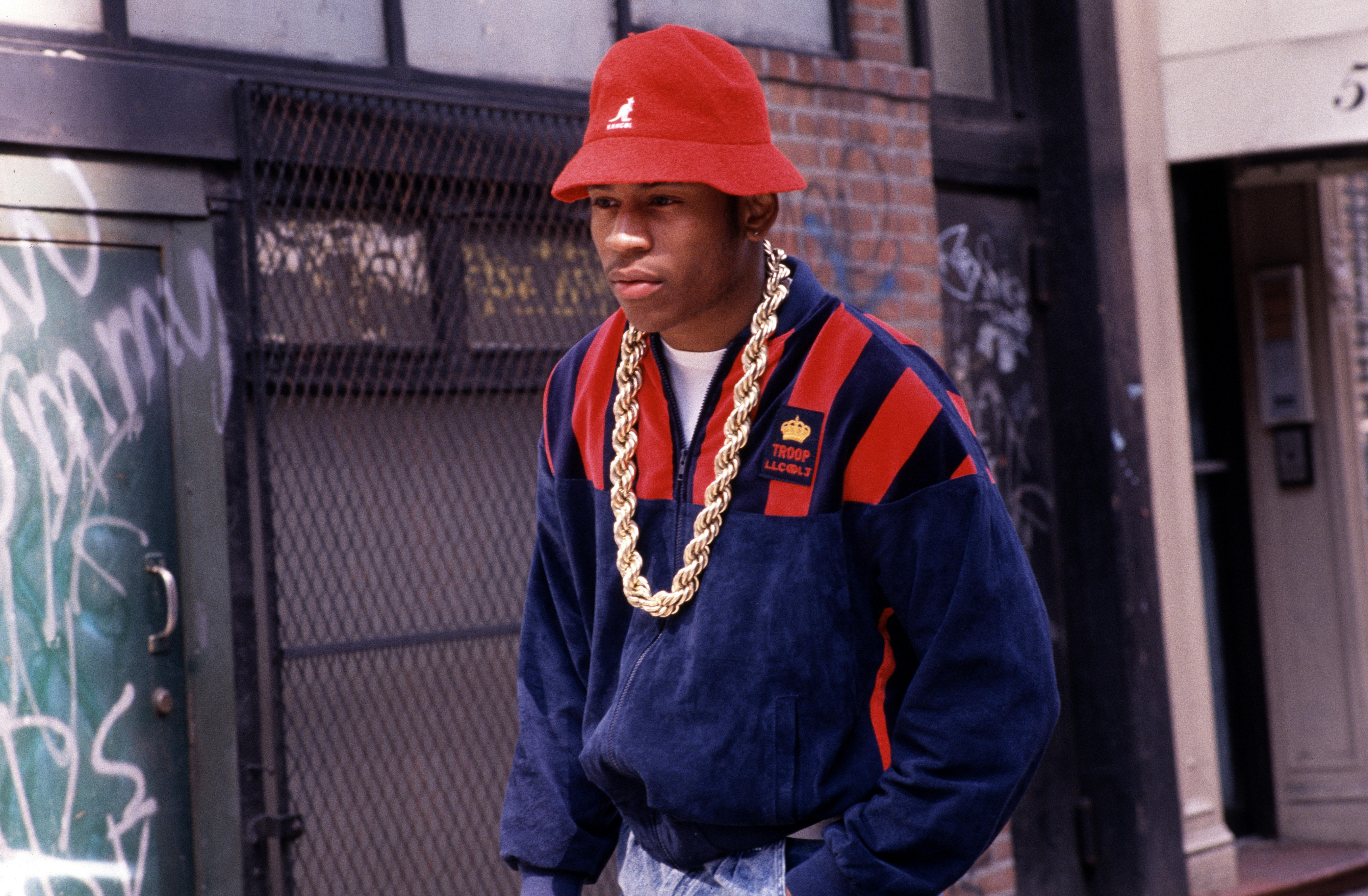 L Cool J (born James Smith) as he stands outdoors, New York, April 23, 1990. 