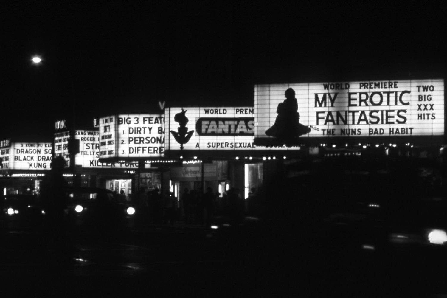 NEW YORK - 1976: A view of the marquees of cinemas on West 42nd Street including the RialtoII, the Rialto, the Victory Theatre, the Lyric Theatre and the Times Square Theater in 1976 in New York City, New York. 
