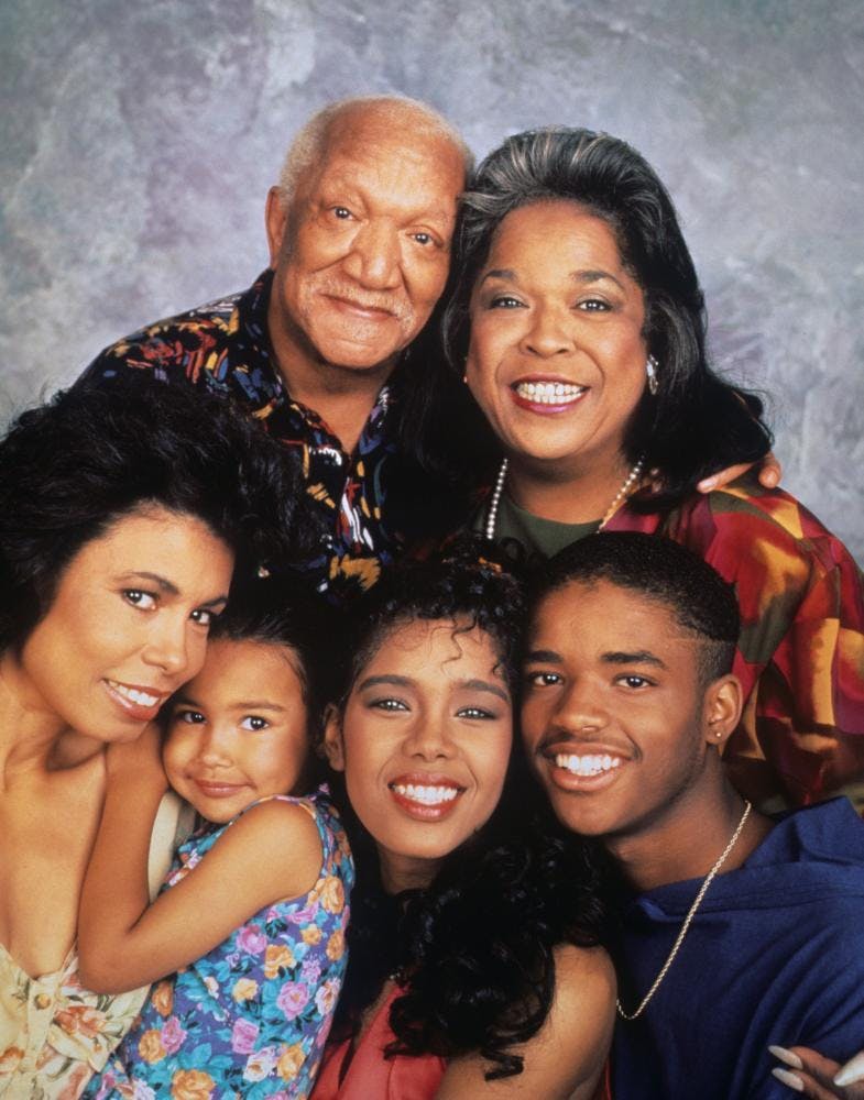The cast of CBS THE ROYAL FAMILY: (clockwise from left) Redd Foxx, Della Reese, Larenz Tate, Silver Gregory, Naya Rivera, Mariann Aalda