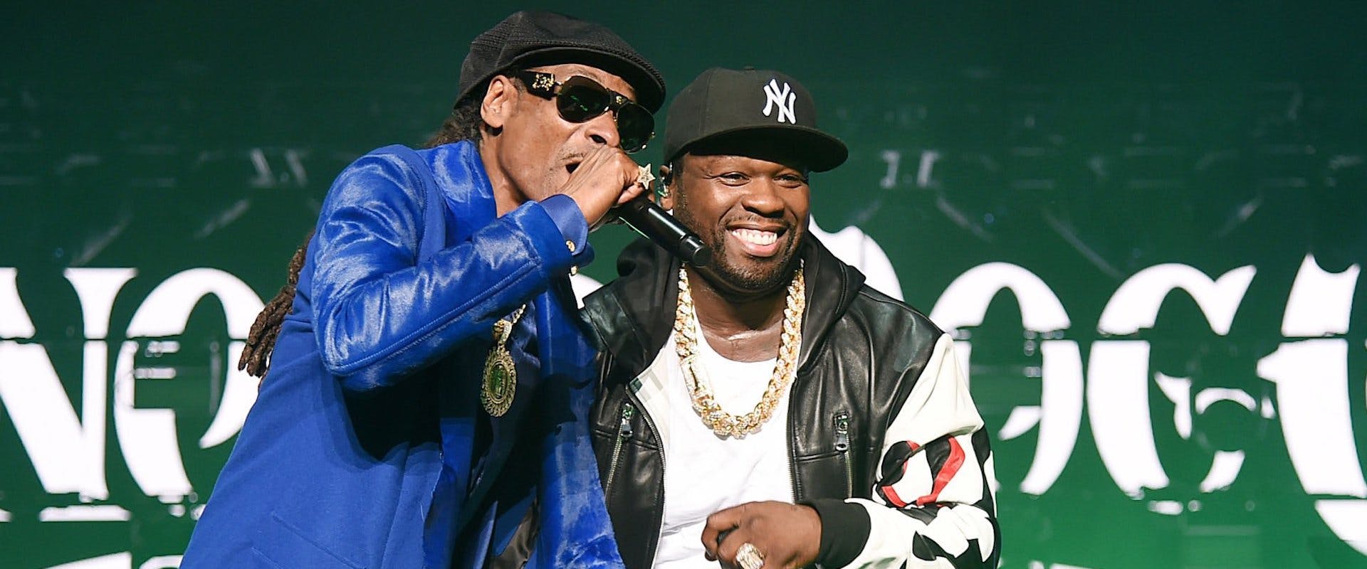 Snoop Dogg (L) and Curtis "50 Cent" Jackson perform onstage at STARZ Madison Square Garden "Power" Season 6 Red Carpet Premiere, Concert, and Party on August 20, 2019 in New York City. (Photo by Jamie McCarthy/Getty Images for STARZ)