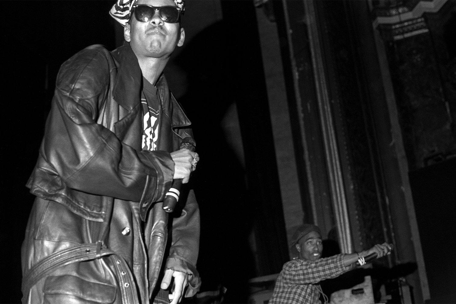 Shock G (aka Gregory Jacobs; Humpty Hump), Tupac Shakur and Rap Group Digital Underground performs at Newark Symphony Hall on April 10, 1990 in Newark, New Jersey. (Photo by Al Pereira/Getty Images/Michael Ochs Archives)