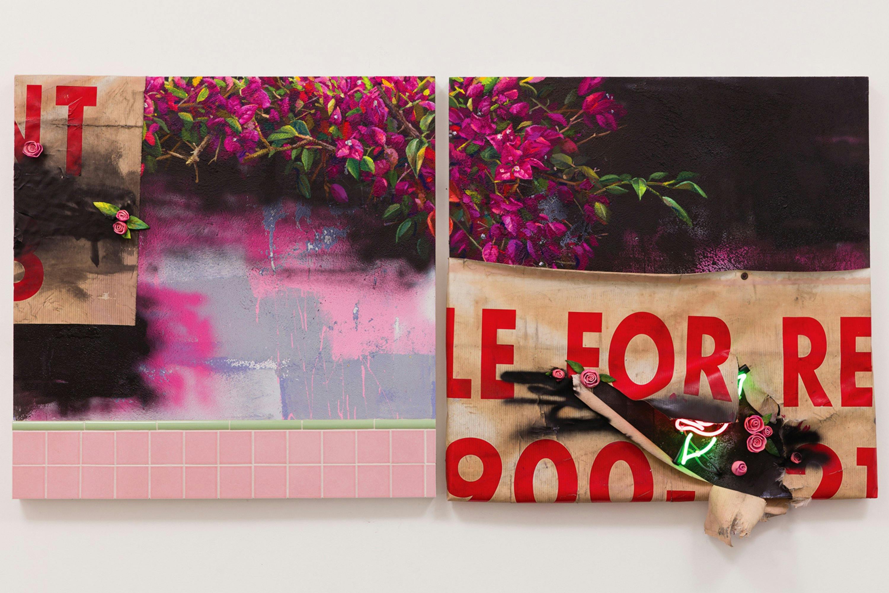 LANDSCAPE FOR LEASE (DIPTYCH) CERAMIC, FOUND BANNER TARP, CERAMIC TILE, MIXED MEDIA ON STUCCO AND NEON ON PANEL, 2017